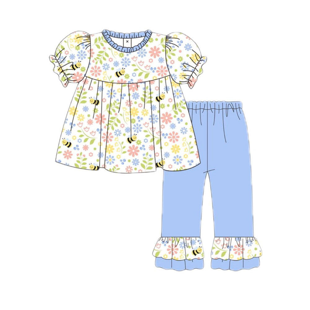 ( Moq 5 ) Preorder Baby Girls Short Sleeves Floral Bee Tunic Blue Ruffle Pants Clothes Set
