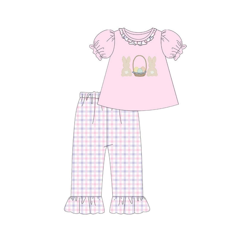 ( Moq 5 ) Preorder Baby Girls Rabbits Eggs Pink Tops Plaid Ruffle Pants Easter Clothes Set