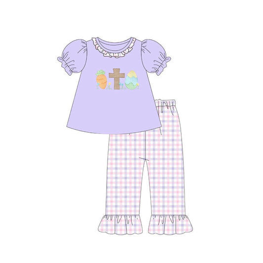 ( Moq 5 ) Preorder Baby Girls Carrots Cross Egg Purple Tunic Plaid Ruffle Pants Easter Clothes Set