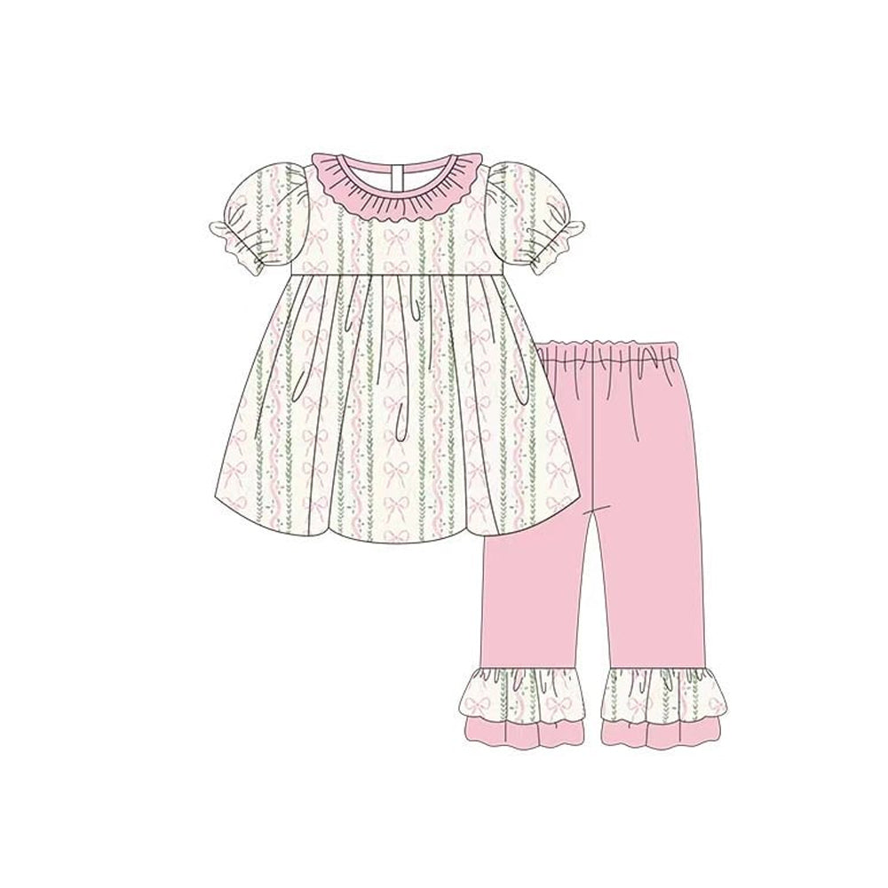 ( Moq 5 ) Preorder Baby Girls Toddler Short Sleeves Bows Tunic Pink Ruffle Pants Clothes Set