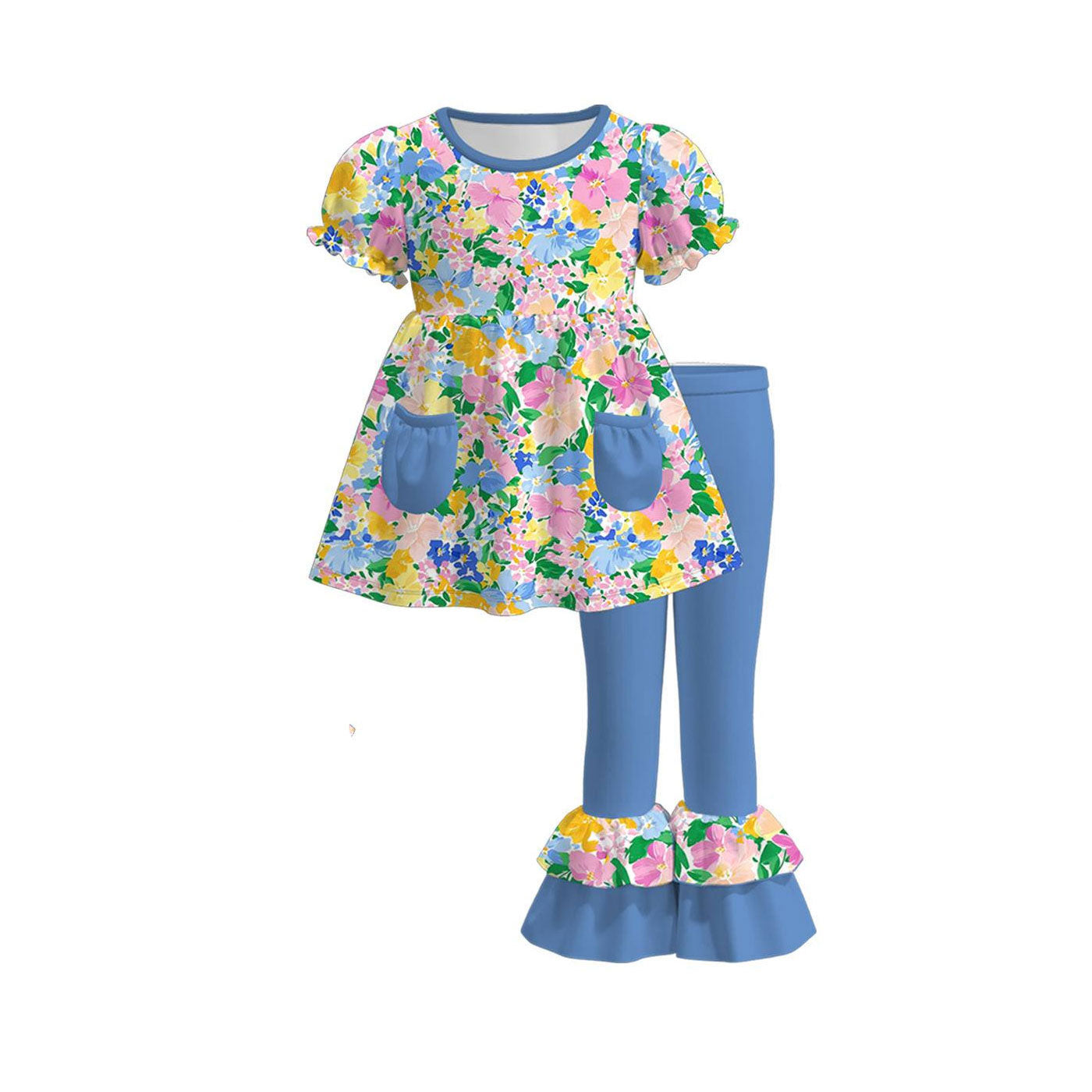 ( Moq 5 ) Preorder Baby Girls Short Sleeves Flower Pockets Tunic Ruffle Blue Pants Set