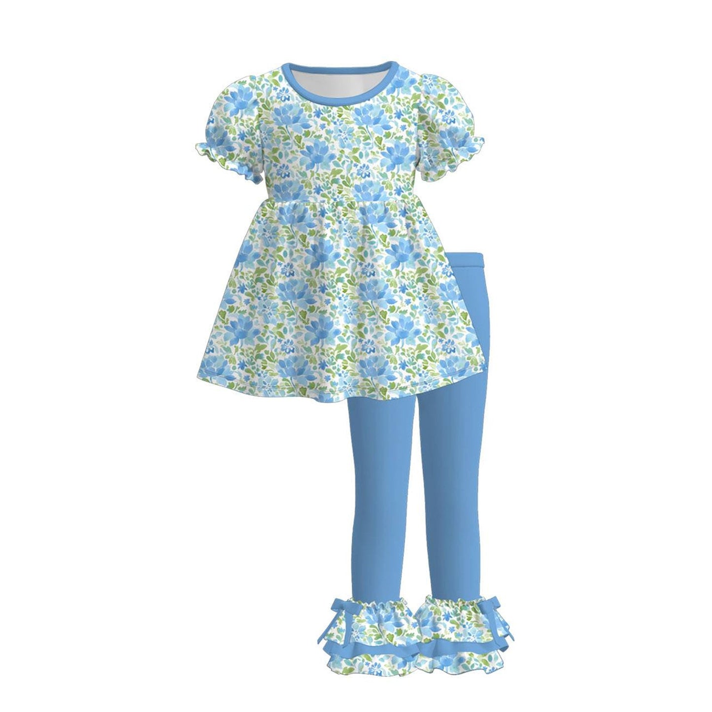 ( Moq 5 ) Preorder Baby Girls Short Sleeves Blue Flower Tunic Ruffle Bows Pants Set