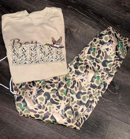 ( Moq 5 ) Preorder Adult Women Short Sleeves Mama's Boy Tops Camo Ducks Pockets Pants Set