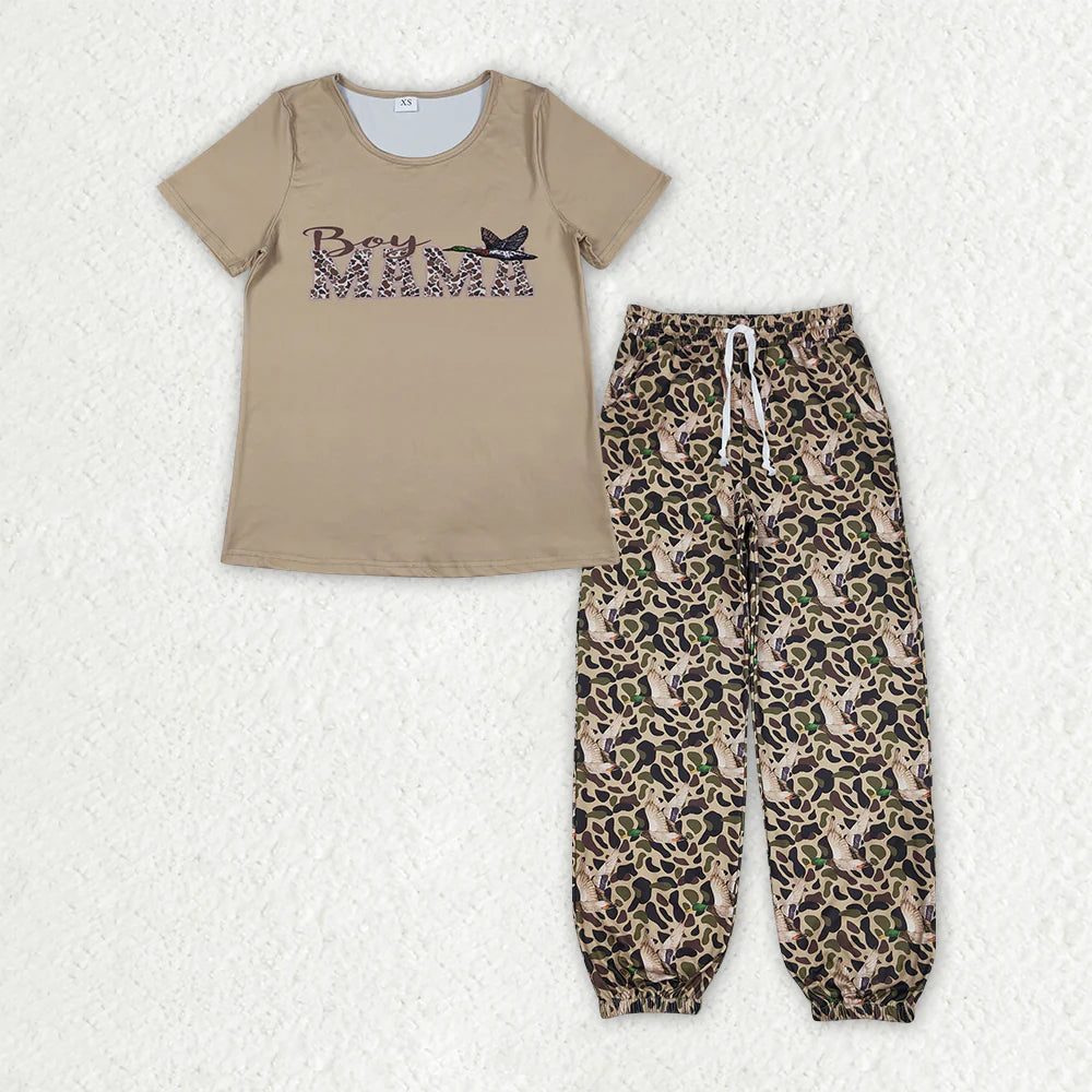 Adult Women Short Sleeves Mama's Boy Tops Camo Ducks Pockets Pants Set RTS