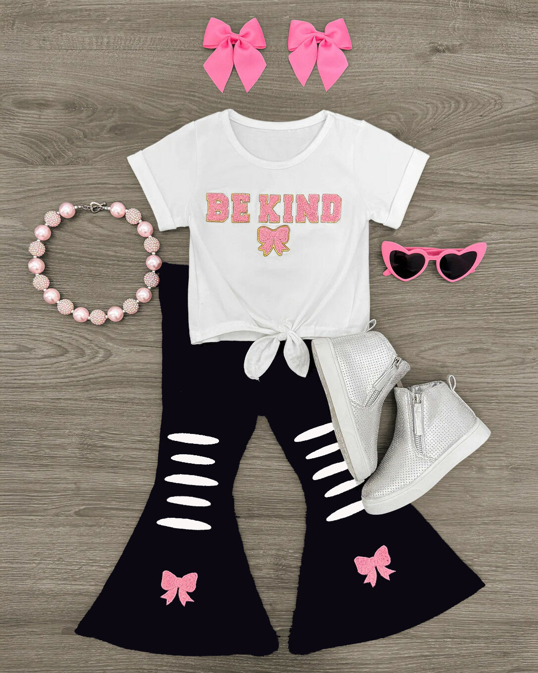 ( Moq 5 ) Preorder Baby Girls Short Sleeves Be Kind Tops Bows Black Bell Pants Clothes Set