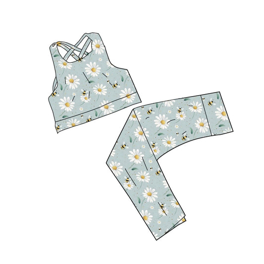 ( Moq 5 ) Preorder Baby Girls Sleeveless Flowers Tops Pants Valentines Yoga Clothes Green Set