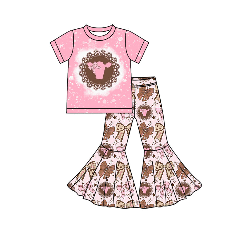 ( Moq 5 ) Preorder Baby Girls Short Sleeves Pink Shirt Boots Bows Pants Western Clothes Set
