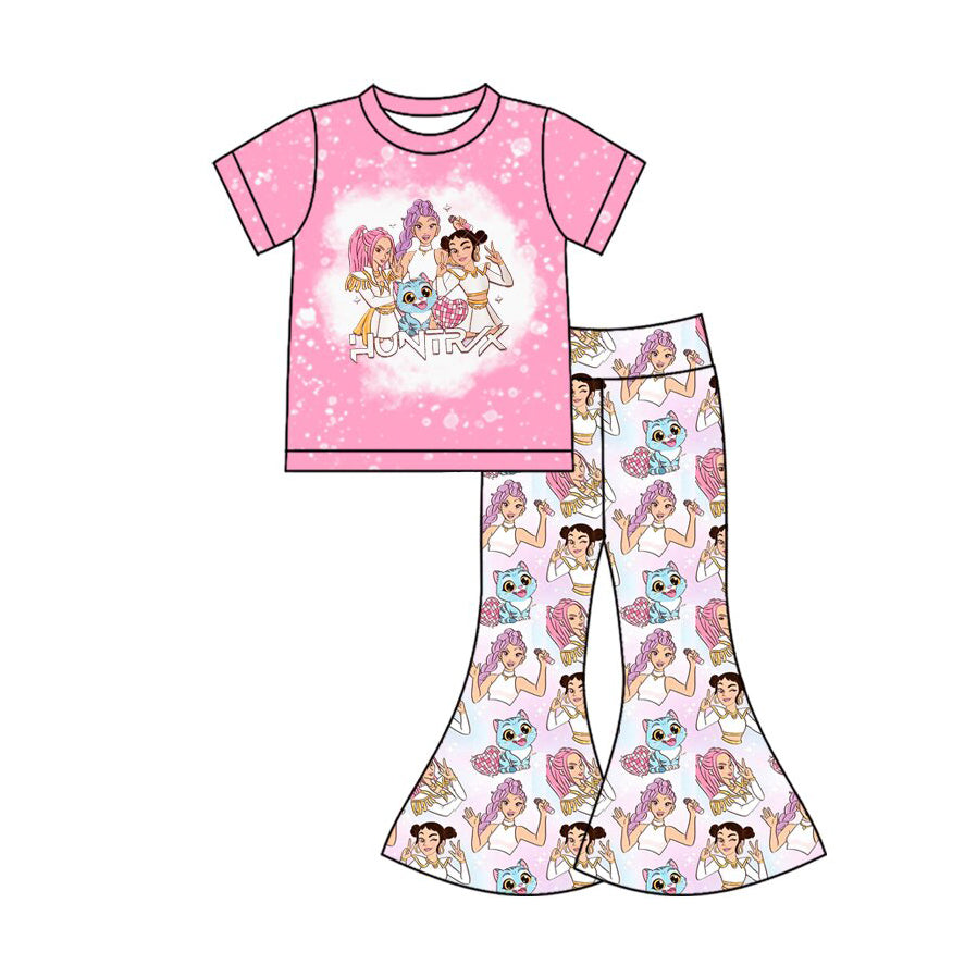 ( Moq 5 ) Preorder Baby Girls Pink Short Sleeves Singer Shirt Hearts Bell Pants Set