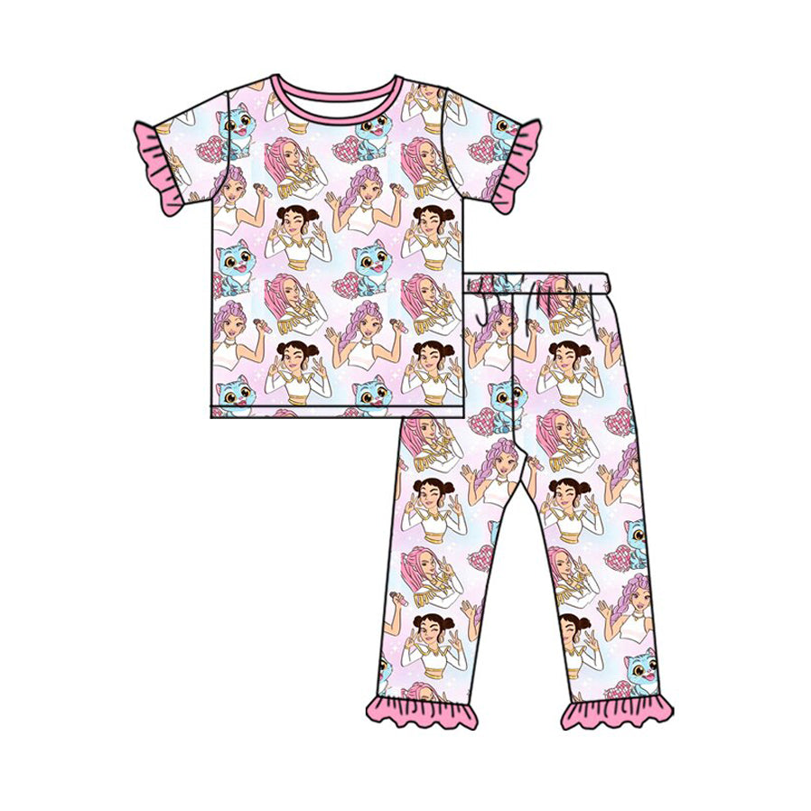 ( Moq 5 ) Preorder Baby Girls Short Sleeves Singer Shirt Hearts Pants Pajamas Set