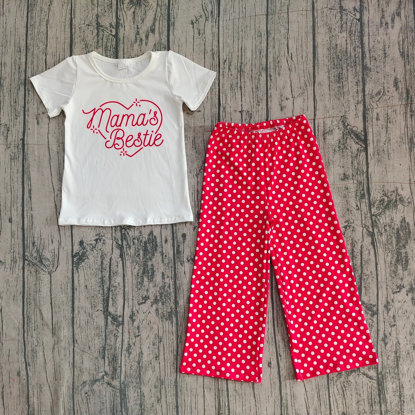 Baby Girls Short Sleeves Mama's Bestie Heart Shirt Red Dots Pants Clothes Set RTS