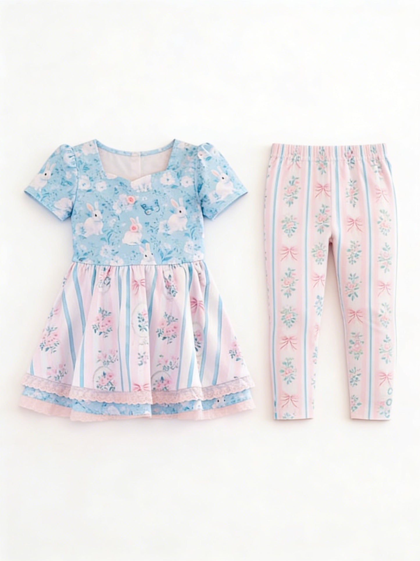( Moq 5 ) Preorder Baby Girls Short Sleeves Rabbits Tunic Flowers Pants Easter Clothes Set
