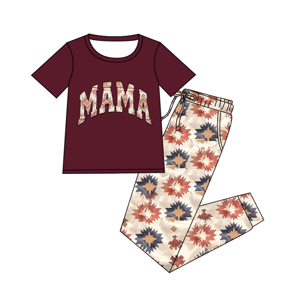 ( Moq 5 ) Preorder Adult Women Short Sleeves Mama Shirt Western Aztec Pockets Pants Clothes Set