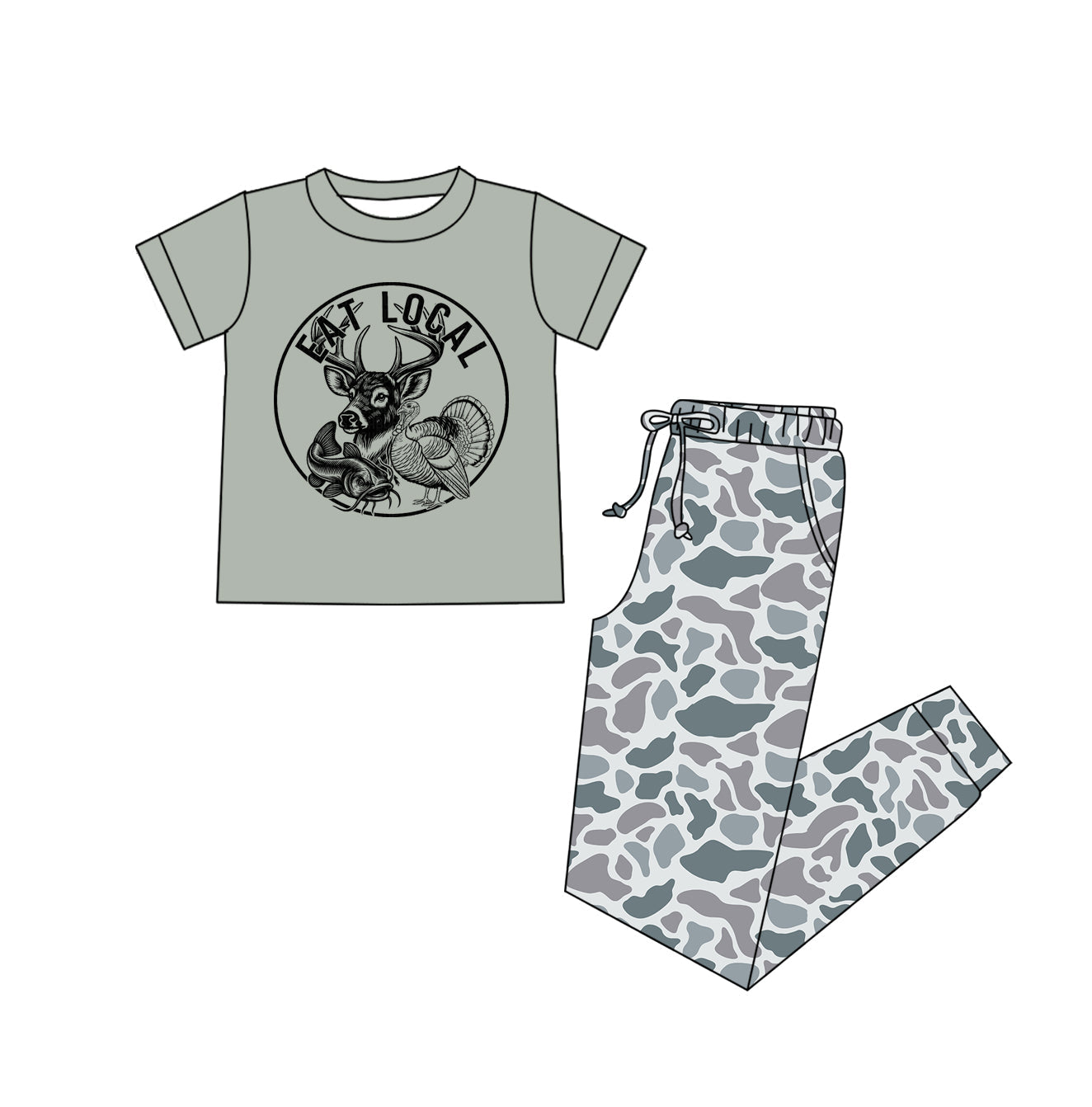 ( Moq 5 ) Preorder Adult Women Short Sleeves Deer turkey Shirt Grey Pockets Pants Hunting Set