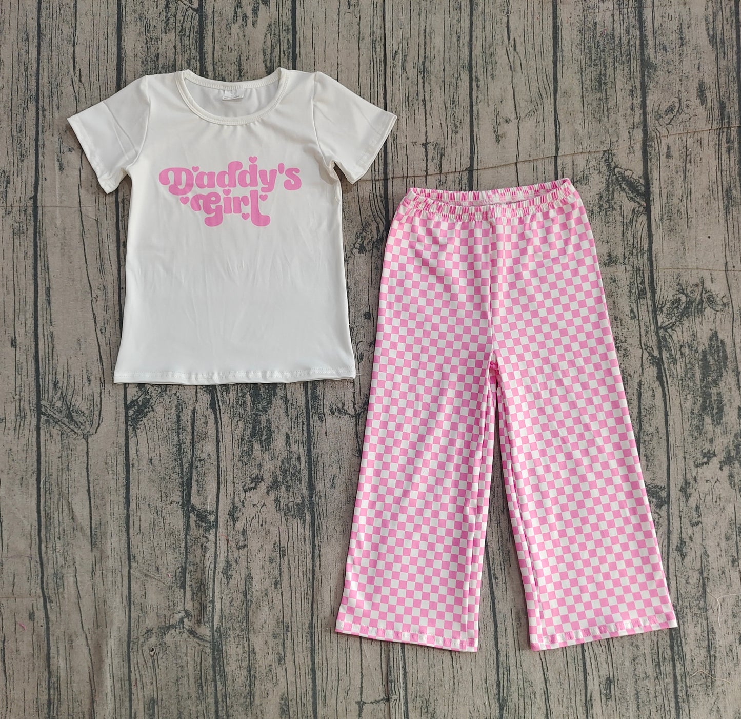 Baby Kids Short Sleeves Daddy's Girl Hearts Shirt Pink Checked Pants Clothes Set RTS