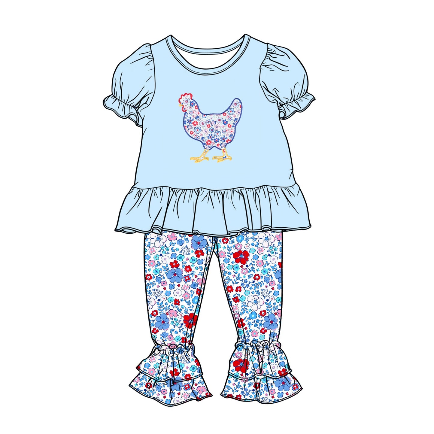 ( Moq 5 ) Preorder Baby Girls Blue Short Sleeves Chicken Tops Floral Ruffle Pants Set
