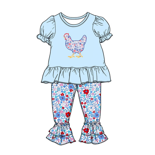( Moq 5 ) Preorder Baby Girls Blue Short Sleeves Chicken Tops Floral Ruffle Pants Set