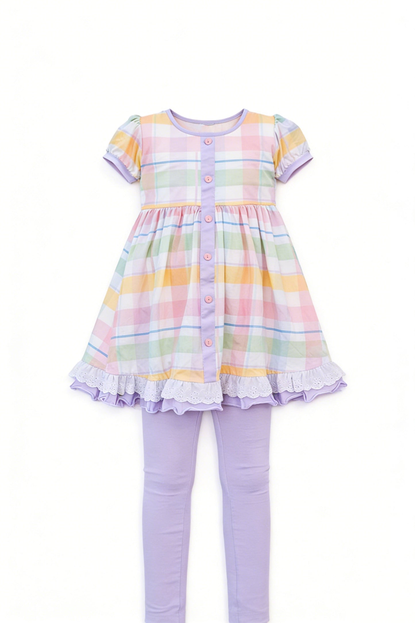( Moq 5 ) Preorder Baby Girls Short Sleeves Plaid Buttons Tunic Purple Legging Pants Easter Set