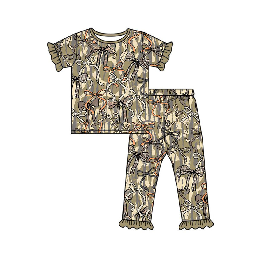 ( Moq 5 ) Preorder Baby Girls Short Sleeves Camo Bows Shirt Pants Hunting Pajamas Set