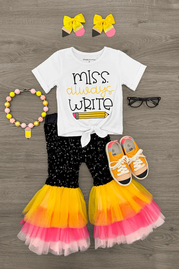 ( Moq 5 ) Preorder Baby Girls Short Sleeves Pencil Shirt Bell Pants Back to School Clothes Set