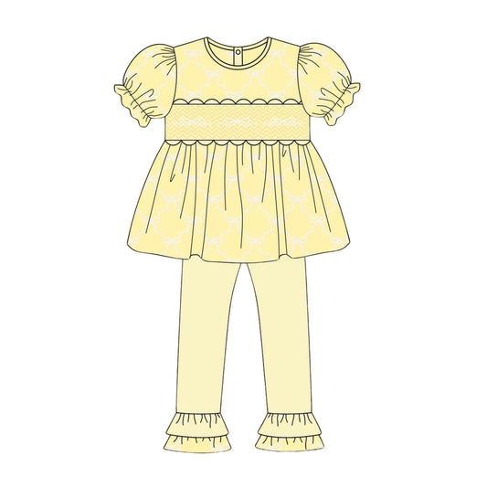 ( Moq 5 ) Preorder Baby Girls Kids Short Sleeves Bows Yellow Tunic Ruffle Pants Clothes Set