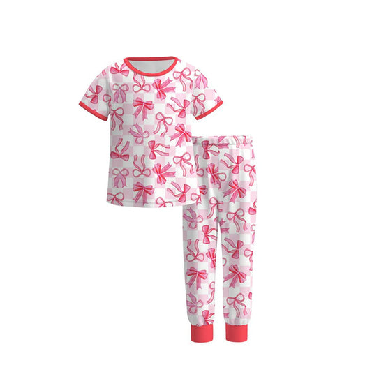 ( Moq 5 ) Preorder Baby Girls Kids Short Sleeves Pink Bows Plaid Shirt Pants Pajamas Clothes Set