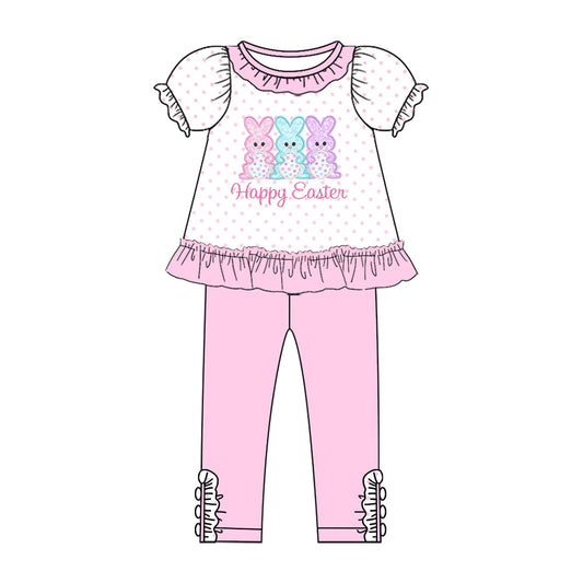( Moq 5 ) Preorder Baby Girls Short Sleeves Rabbits Dots Tops Ruffle Pants Easter Clothes Set