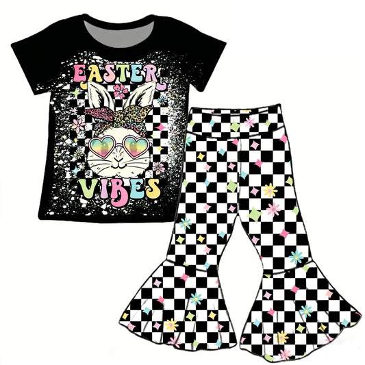 ( Moq 5 ) Preorder Baby Girls Short Sleeves Black Short Sleeves Rabbit Shirt Checked Bell Pants Easter Set
