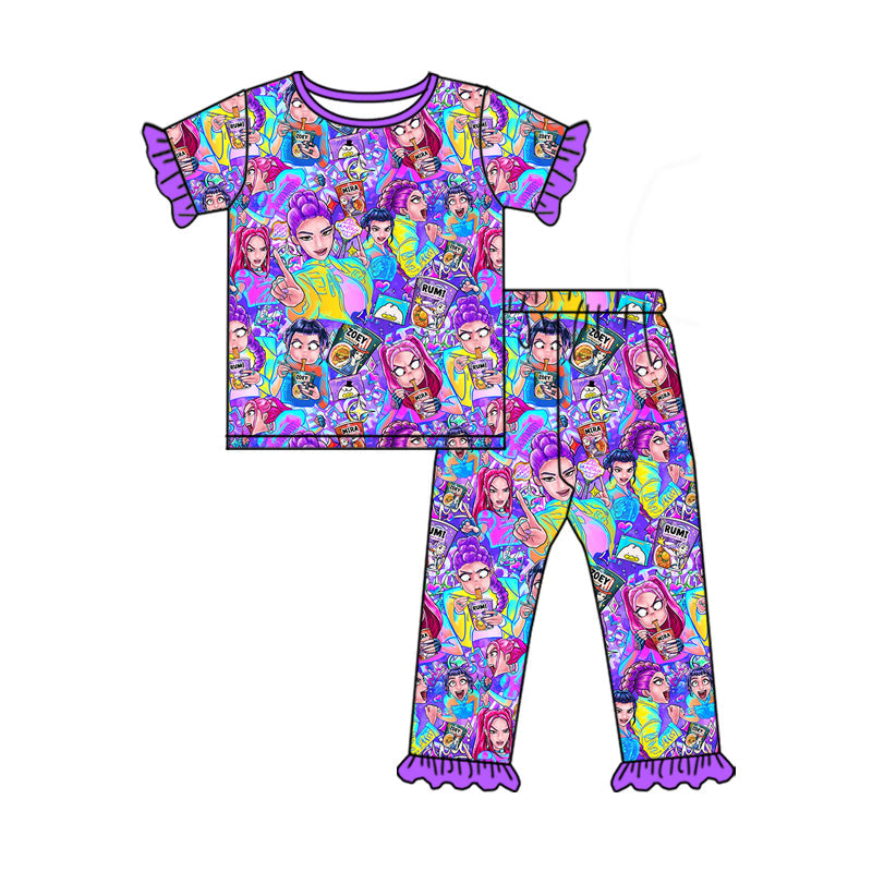 ( Moq 5 ) Preorder Baby Girls Short Sleeves Singer Characters Shirt Pants Purple Pajamas Set