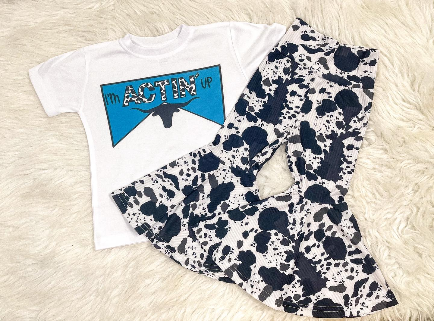 ( Moq 5 ) Preorder Baby Girls Tops Cow Print Bell Pants Western Clothes Set
