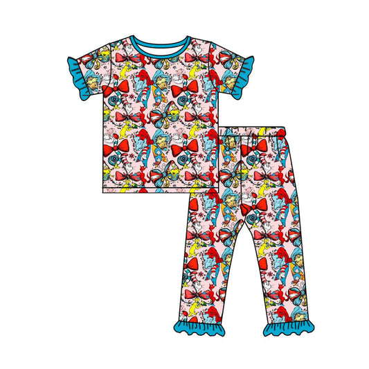 ( Moq 5 ) Baby Girls Kids Short Sleeves Bows Dr Reading Shirt Pants Pajamas Clothes Set