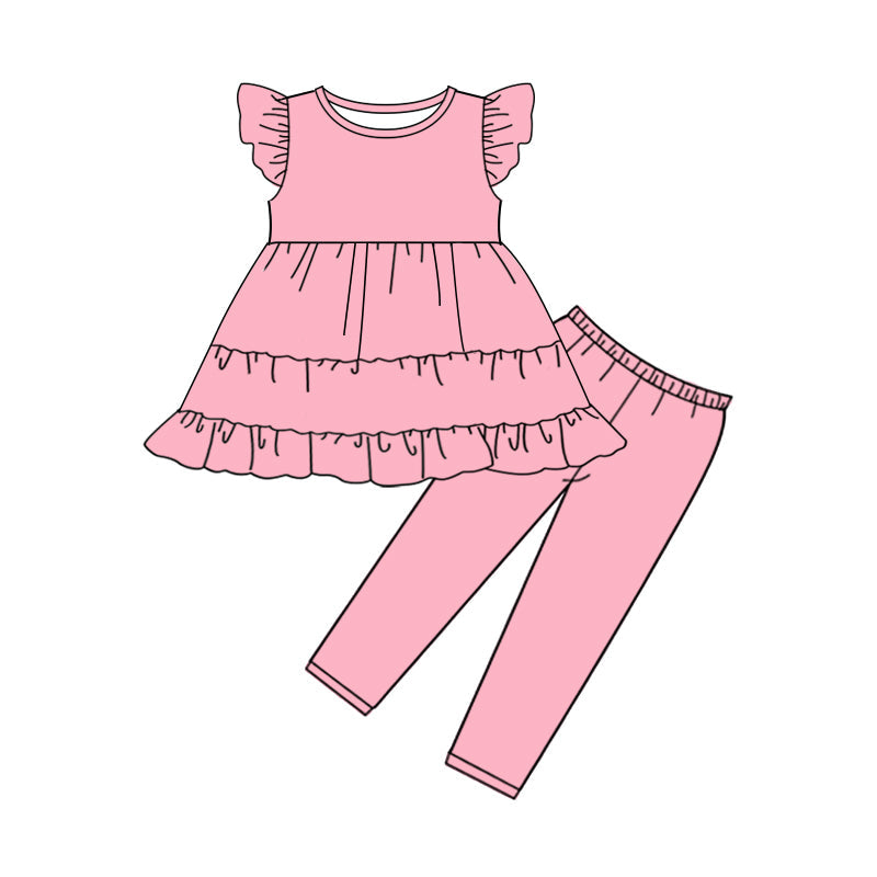 ( Moq 5 ) Preorder Baby Girls Short Sleeves Ruffle Tunic Legging Pants Pink Clothes Set