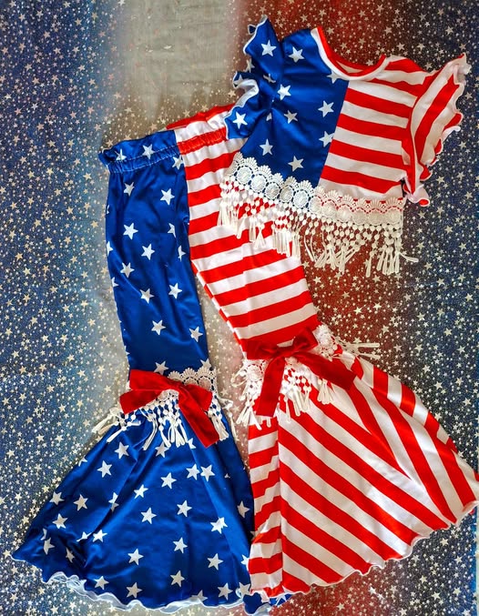 ( Moq 5 ) Preorder Baby Girls Kids Short Sleeves Stars Stripes Tops Bell Pants 4th of July Set