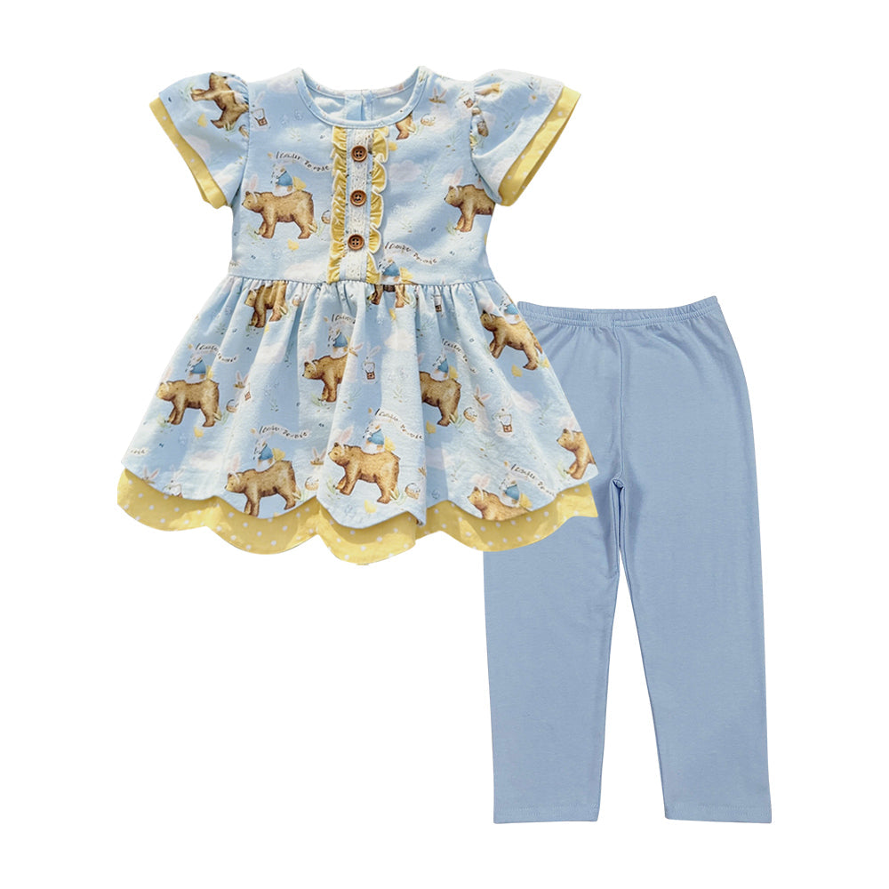 ( Moq 5 ) Preorder Baby Girls Kids Short Sleeves Bear Rabbits Ruffle Tunic Blue Pants Easter Set