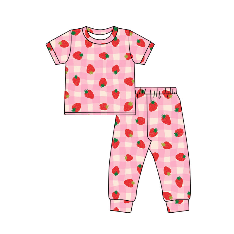 ( Moq 5 ) Preorder Baby Girls Short Sleeves Strawberry Pink Plaid Shirt Pants Pajamas Clothes Set