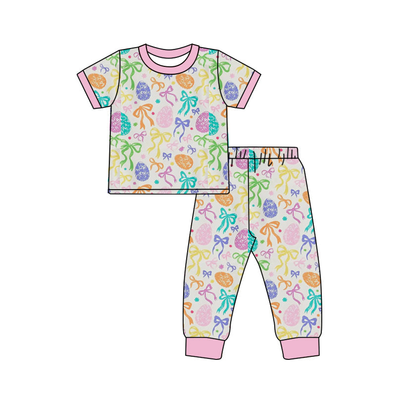 ( Moq 5 ) Preorder Baby Girls Kids Short Sleeves Eggs Bows Shirt Pants Easter Pajamas Clothes Set