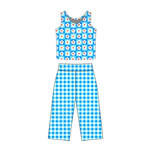 ( Moq 5 ) Preorder Baby Girls Kids Sleeveless Flower Tops Blue Plaid Pants Set Clothes