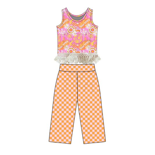 ( Moq 5 ) Preorder Baby Girls Kids Sleeveless Flower Smile Tassel Tops Plaid Pants Set Clothes