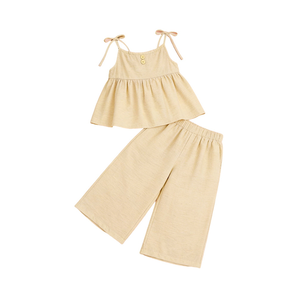 ( Moq 5 ) Preorder Baby Girls Kids Strap Buttons Tops Pants Yellow Set Clothes
