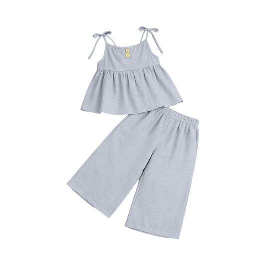 ( Moq 5 ) Preorder Baby Girls Kids Strap Buttons Tops Pants Grey Set Clothes