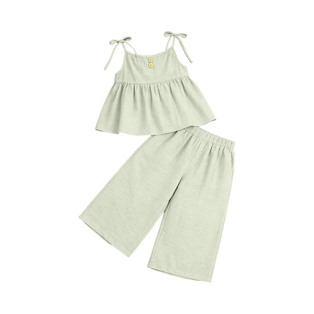 ( Moq 5 ) Preorder Baby Girls Kids Strap Buttons Tops Pants Green Set Clothes