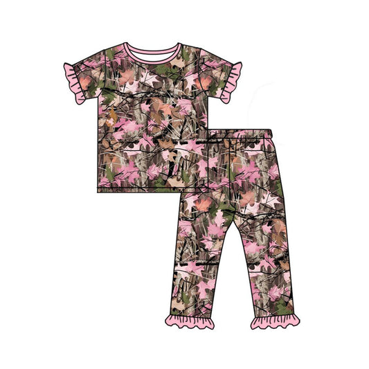 ( Moq 5 ) Preorder Baby Girls Kids Short Sleeve Leaves Shirt Pink Ruffle Pants Pajamas Set