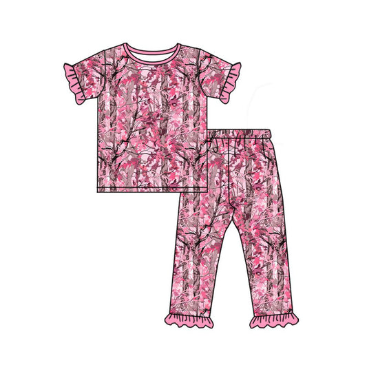 ( Moq 5 ) Preorder Baby Girls Kids Short Sleeve Leaves Shirt Ruffle Pants Pajamas Pink Set