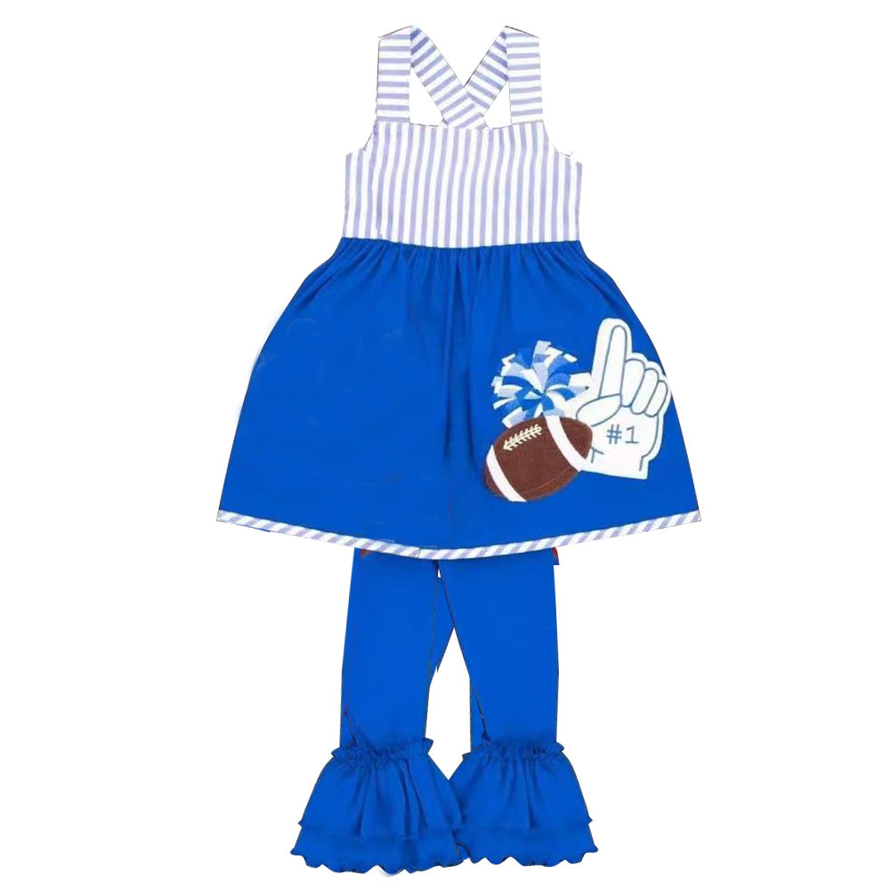 ( Moq 5 ) Preorder Baby Girls Kids Straps Football Cheer Tunic Ruffle Pants Blue Set Team Clothes