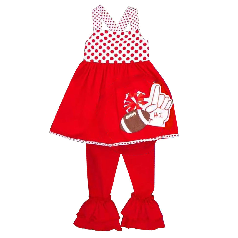 ( Moq 5 ) Preorder Baby Girls Kids Straps Football Cheer Tunic Red Ruffle Pants Set Team Clothes