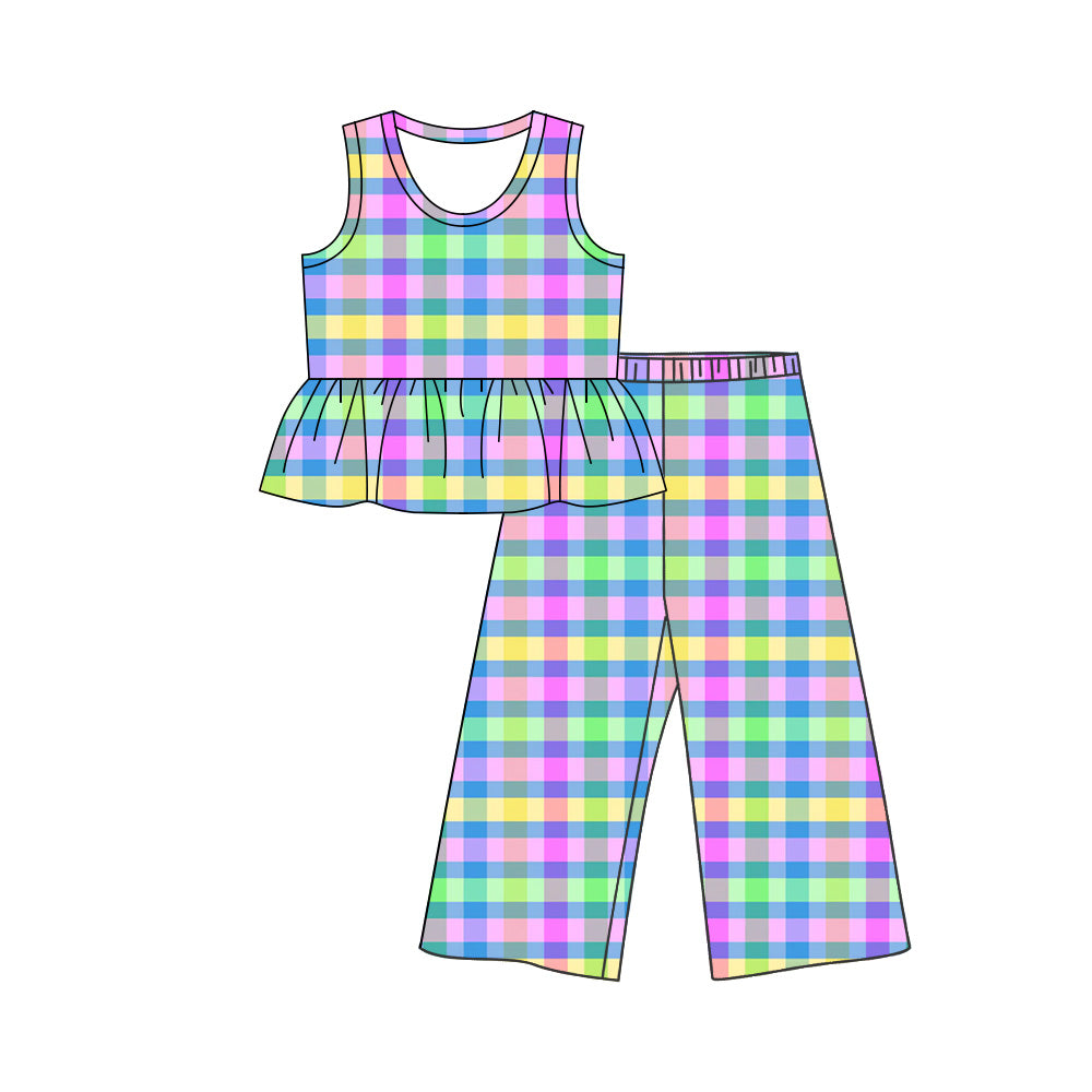 ( Moq 5 ) Preorder Baby Girls Kids Sleeveless Colorful Plaid Ruffle Tunic Pants Set Clothes