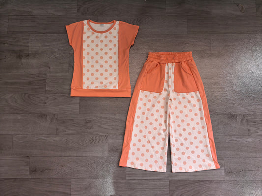 ( No moq ) Preorder Baby Girl Kids Short Sleeves Dots Shirt Pockets Pants Set Clothes