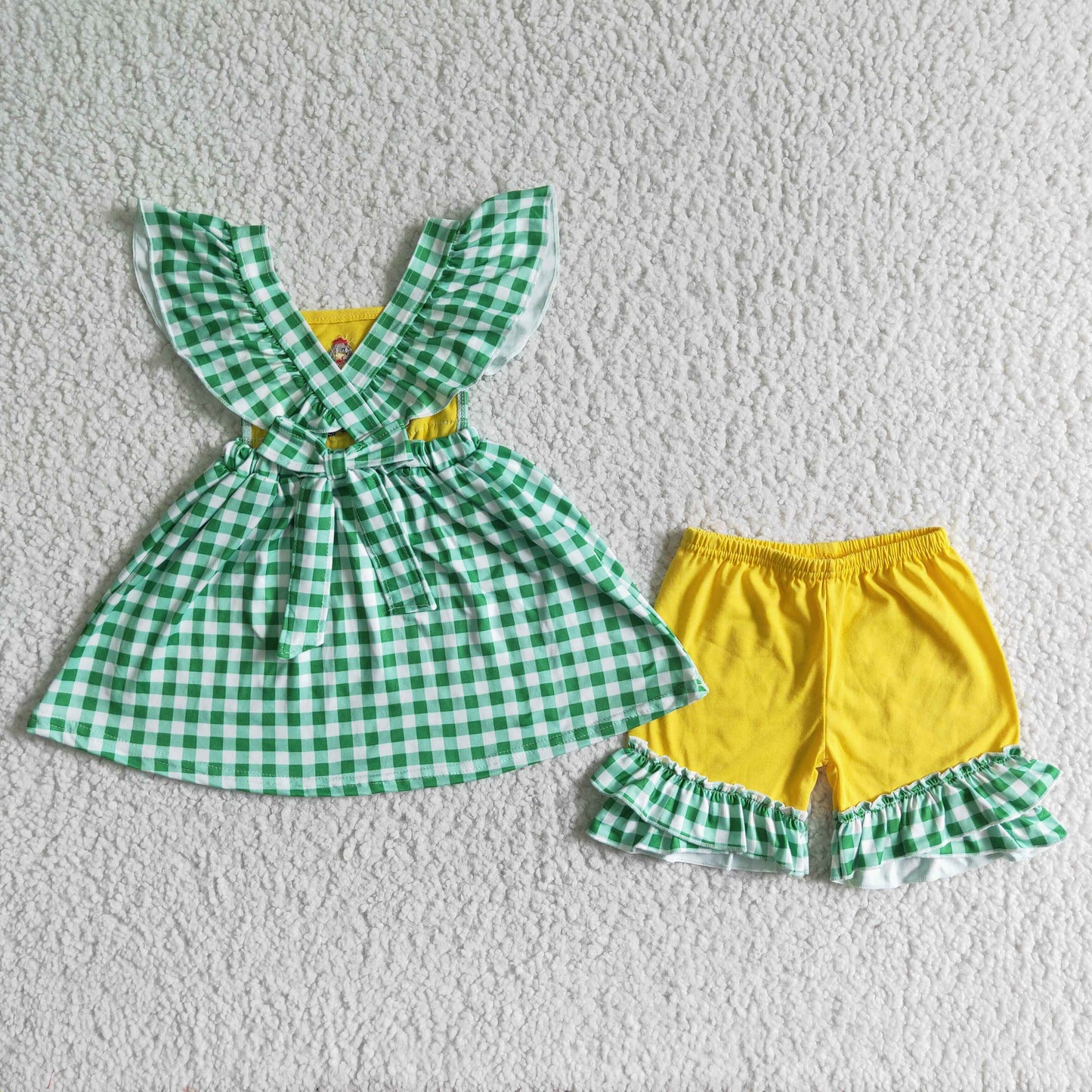 Promotion Baby Girl Embroidery Chicken Tractor Green Plaid Tunic Ruffle Shorts Stripes Shorts Set RTS