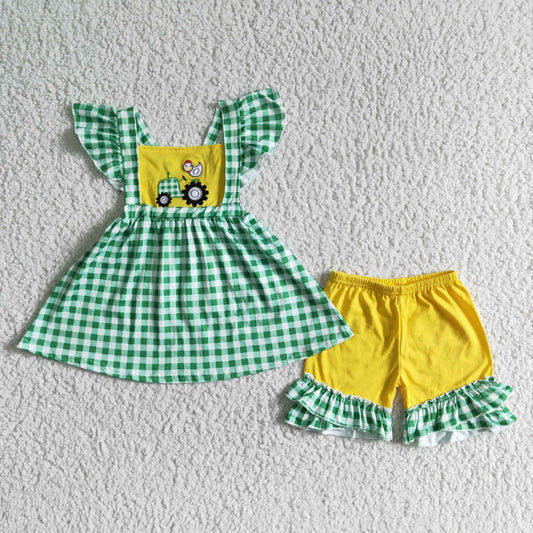 Promotion Baby Girl Embroidery Chicken Tractor Green Plaid Tunic Ruffle Shorts Stripes Shorts Set RTS