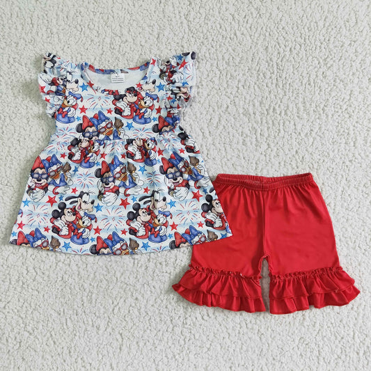 Promotion July 4th Baby Girl Cartoon Tops Red Cotton Shorts Set