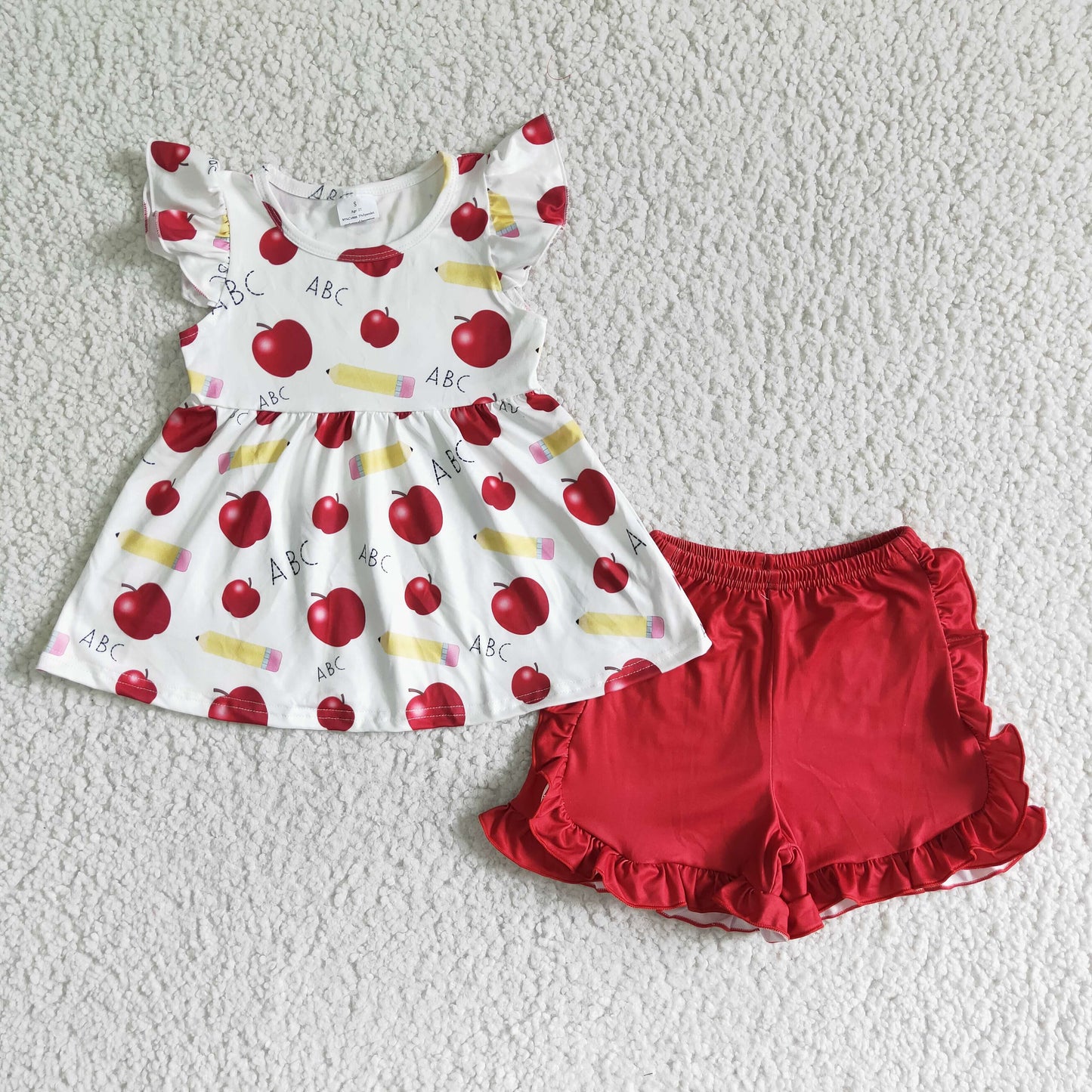 Promotion Baby Girl Back To School Apple Pencil Tunic Red Ruffle Shorts Set RTS
